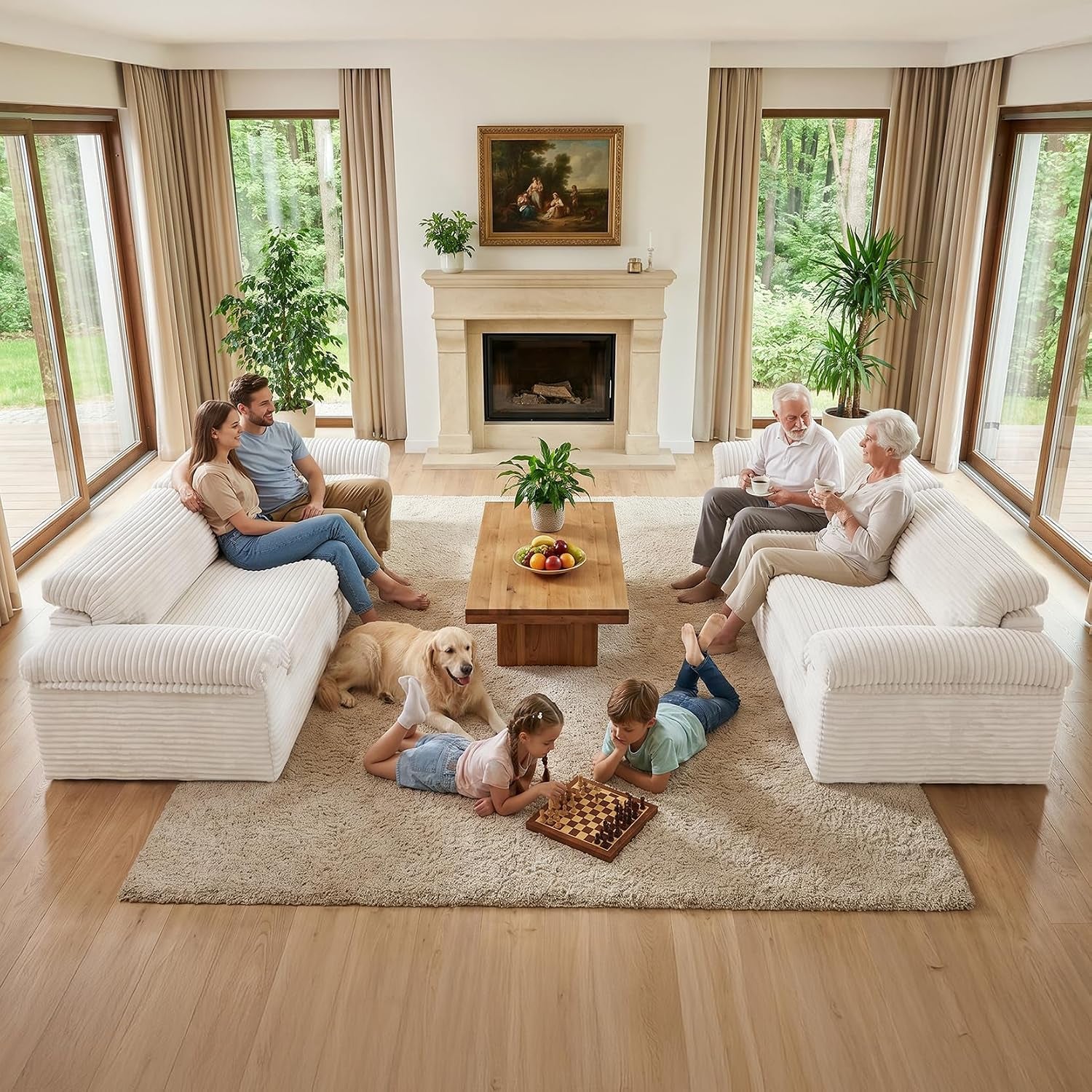 118" Cloud Boneless Couch, 3 Seater Corduroy Sofa, Beige | Modular Sectional Sofa, High-Density Foam, No Assembly Required, Curved Armrest, Apartment, Bedroom, Deep Seat, Pet-Friendly
