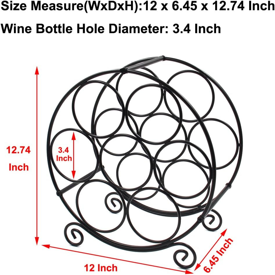 Black circular wine rack on white background with red arrows and text overlay illustrating dimensions.