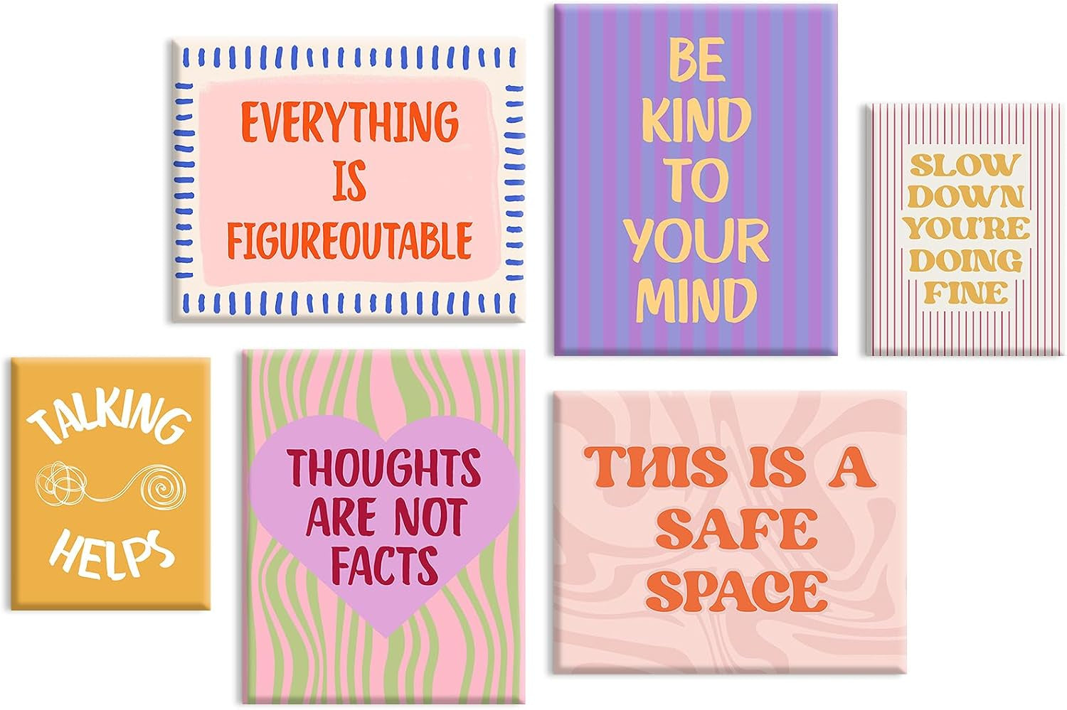 Seven small colorful typographic and reminder prints arranged in a loose grid