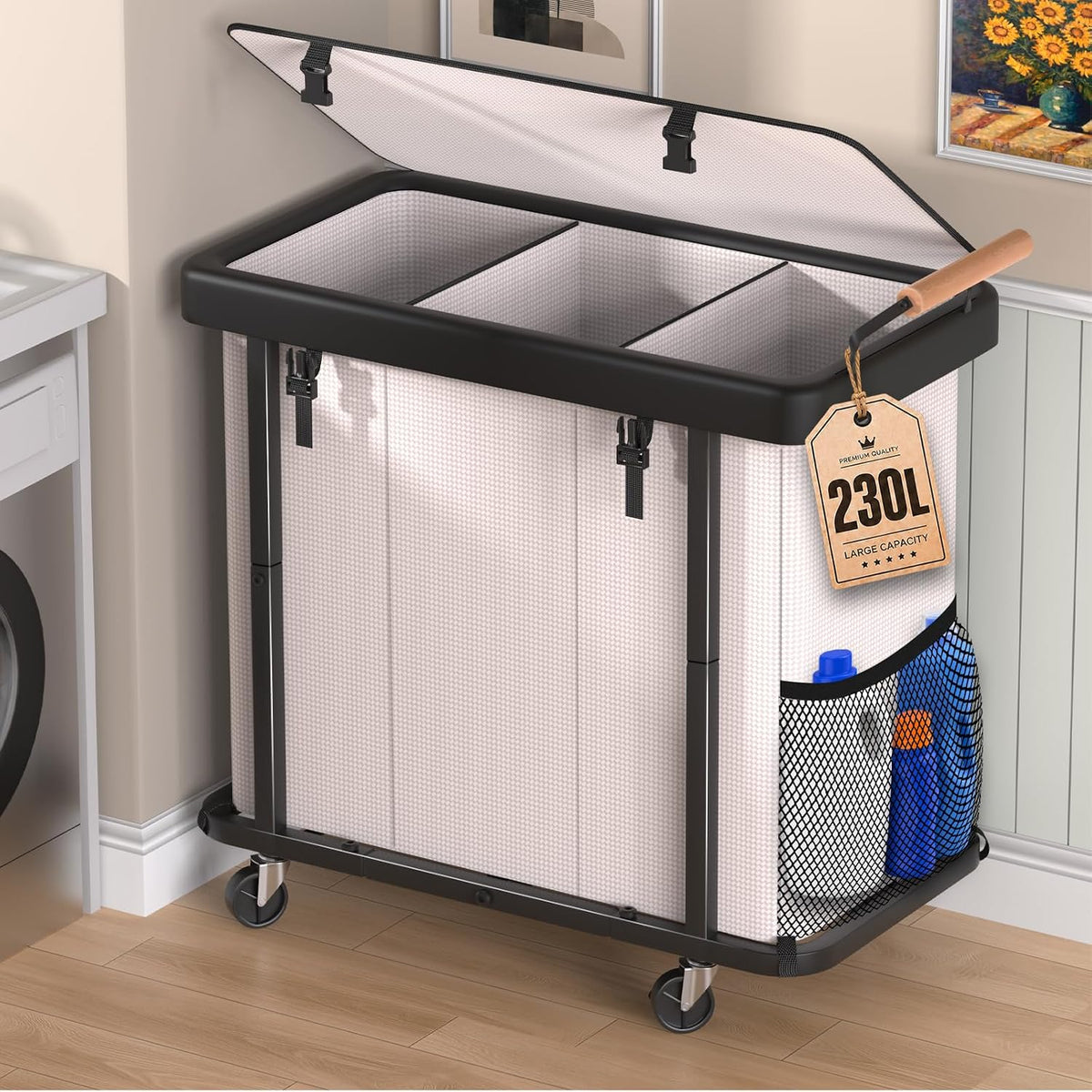 Three-compartment rolling laundry sorter placed in a room corner with lid open and visible interior dividers