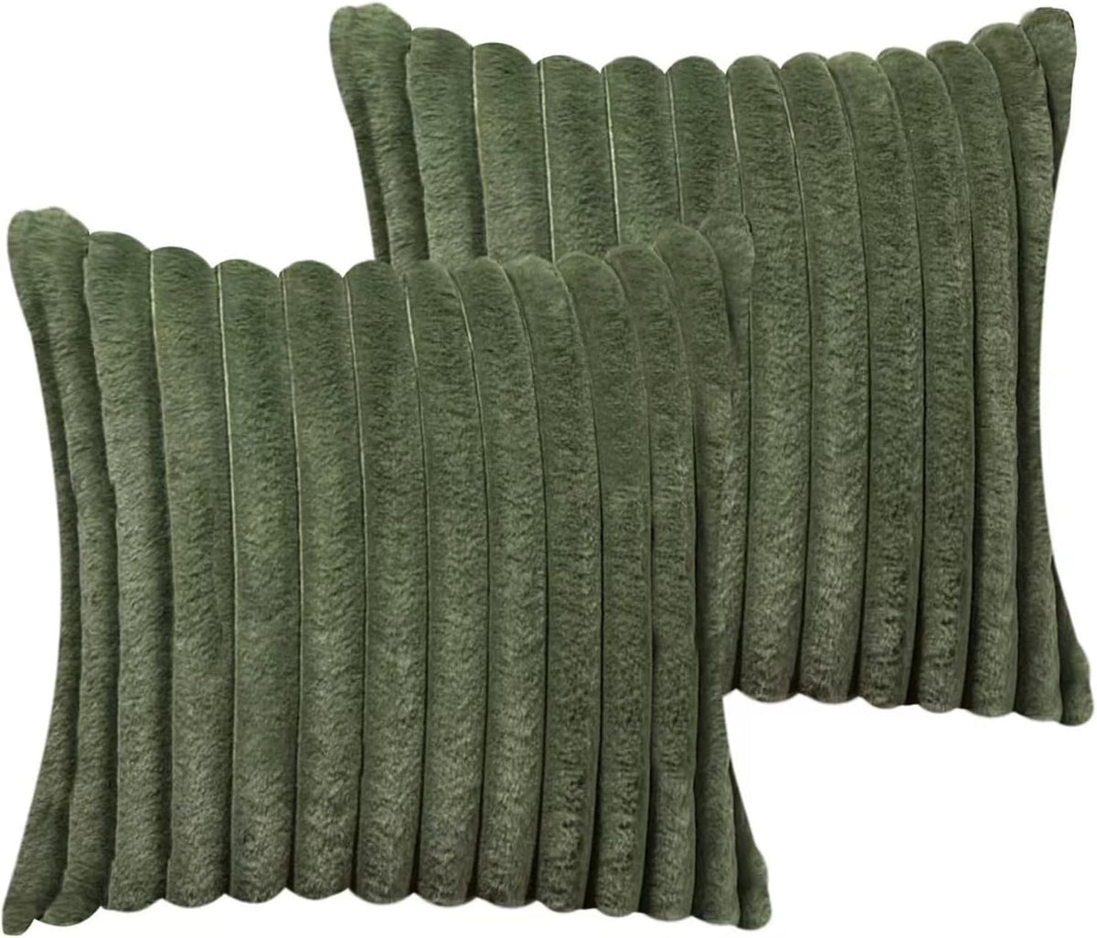Pair of sage green square faux-fur pillow covers featuring vertical corded panels