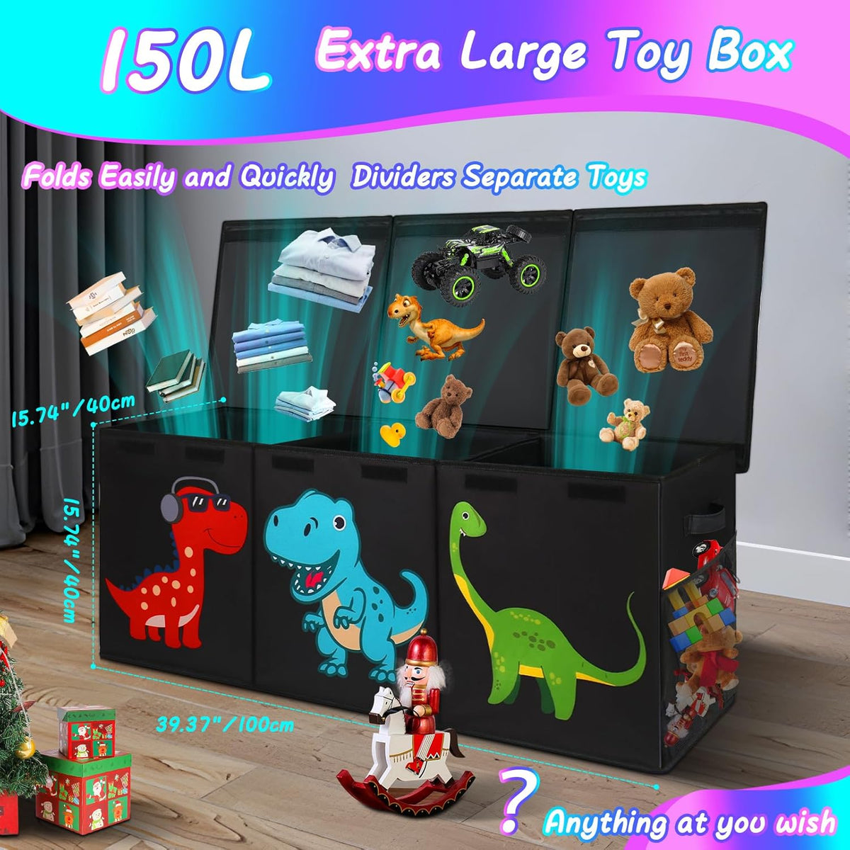 Black three-section toy box with lids open, overlaid measurement markers and floating toy graphics in a staged room