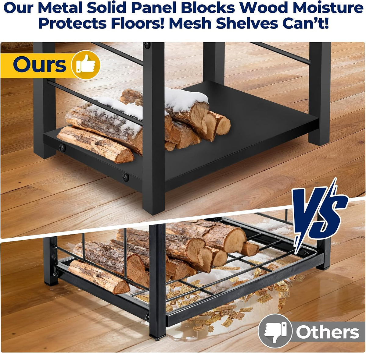 Close-up of the rack's solid metal bottom shelf holding snowy logs above the floor contrasted with a mesh shelf below losing