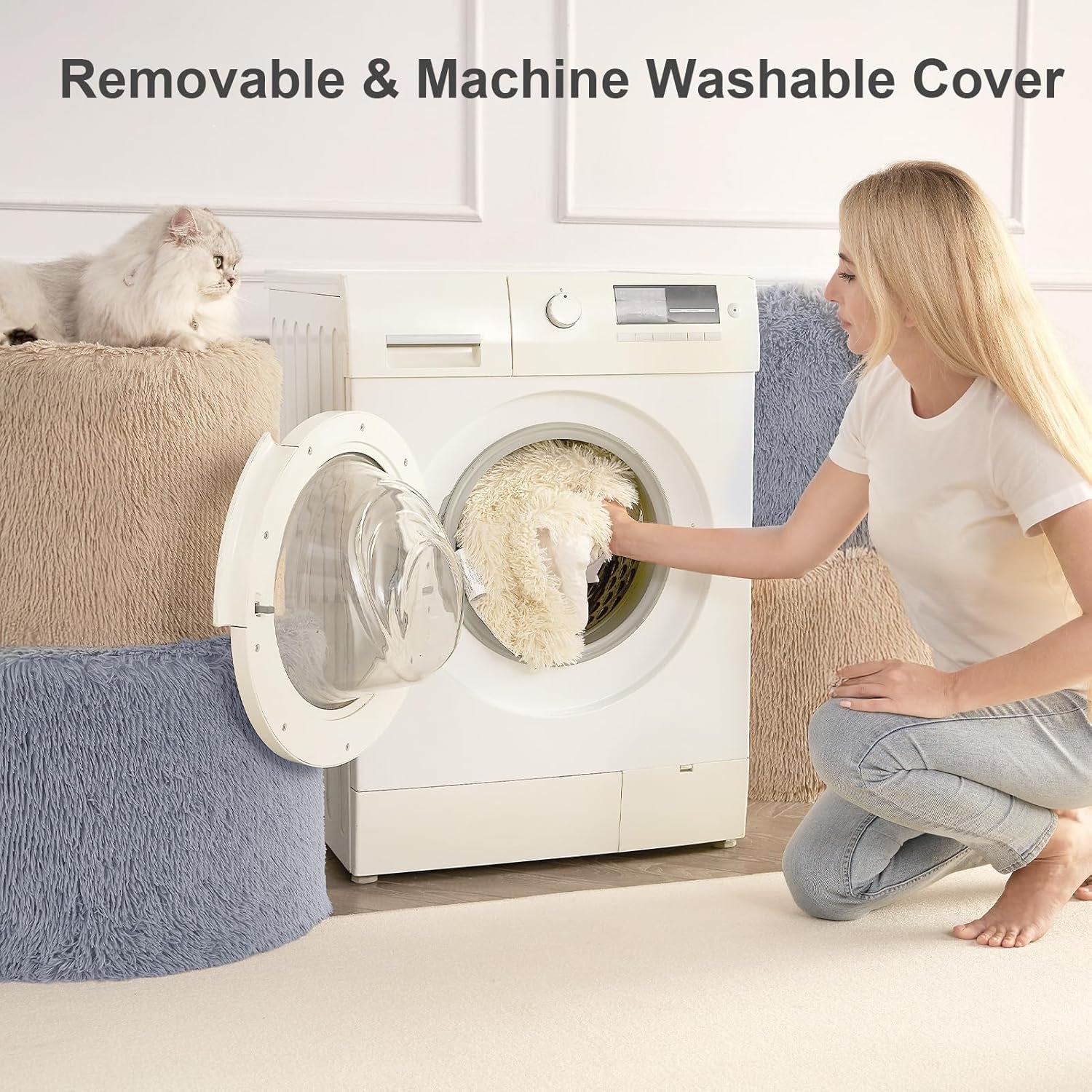 Woman loading a beige faux-fur pouf cover into a front-loading washing machine