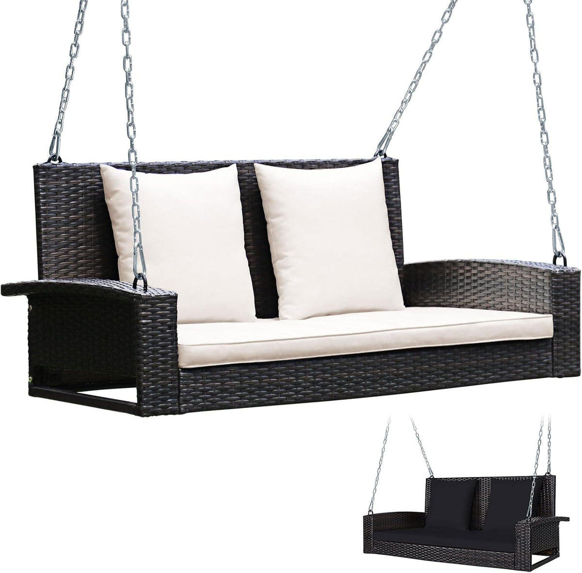 Dark brown PE rattan two-person hanging porch swing with cream cushions, angled close-up showing chains and arm details