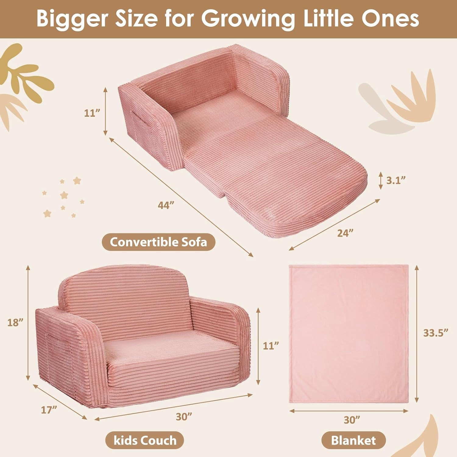 Top and front views of the convertible pink corduroy kids sofa and a matching blanket shown flat.