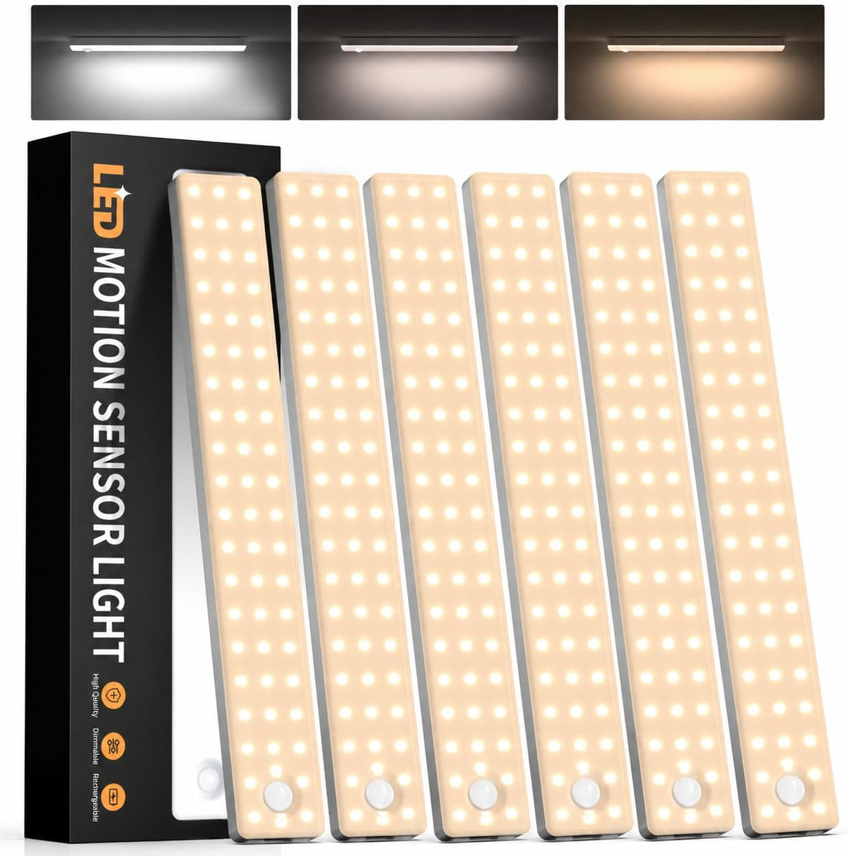 Six slim rectangular LED bars standing in a row in front of a black box, all lights illuminated