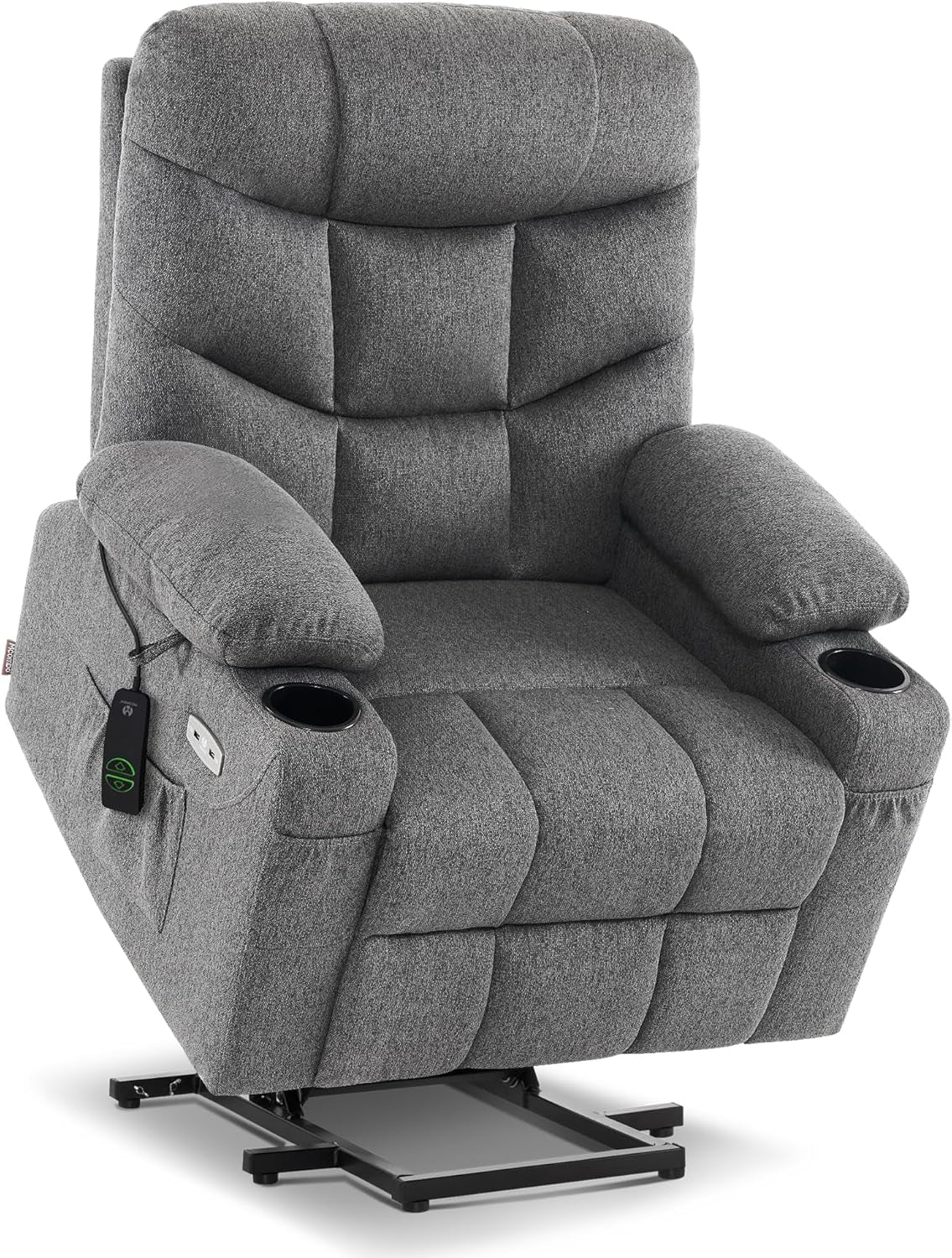 Heather gray recliner angled slightly left, emphasizing textured fabric and deep channel tufting on the backrest.