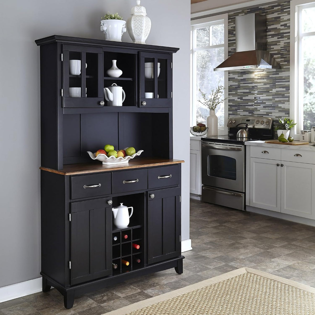 Server with hutch in a kitchen setting showing hardwood top, glass doors and center wine cubby