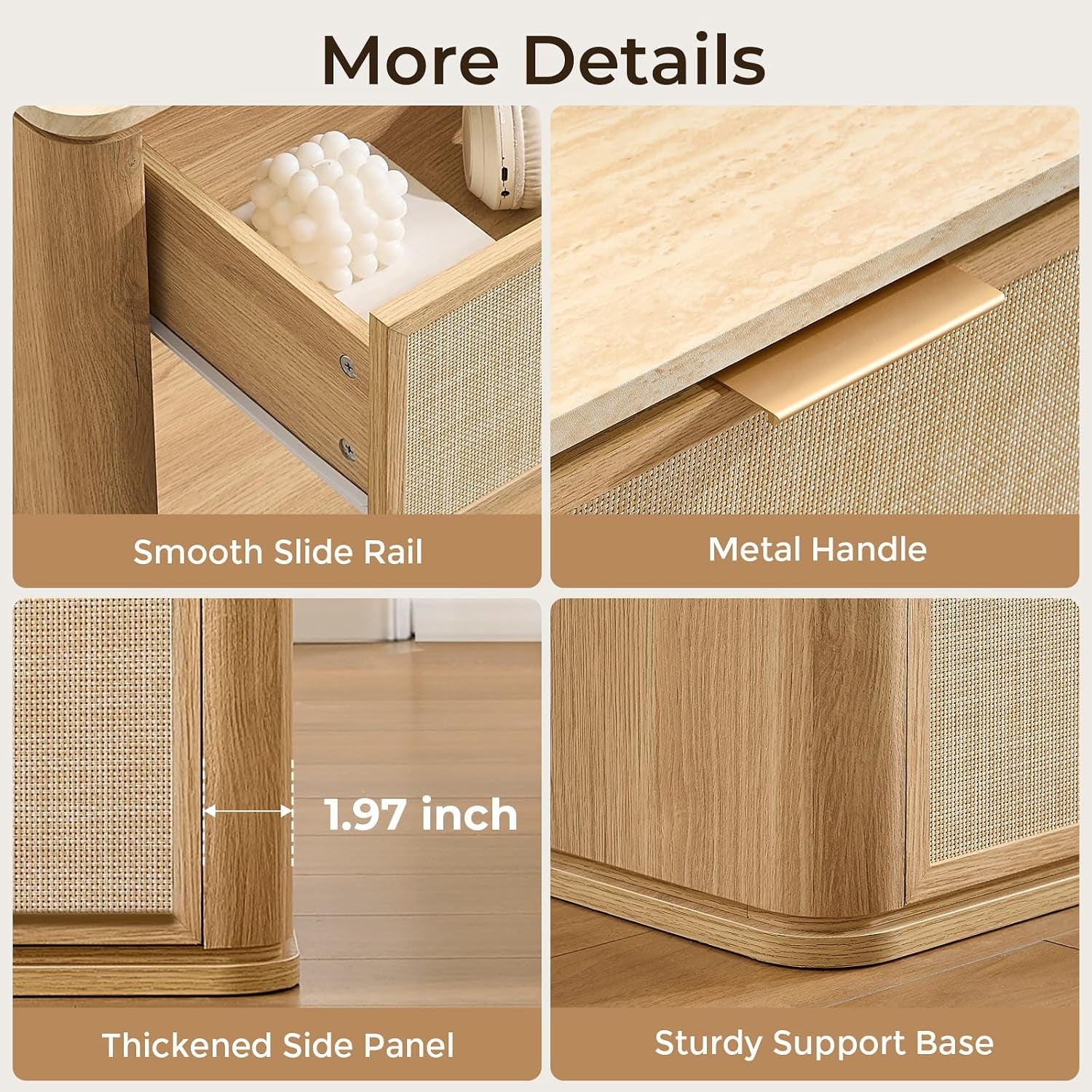 Detail collage of smooth slide rail, metal handle, 1.97-inch thickened side panel and sturdy support base
