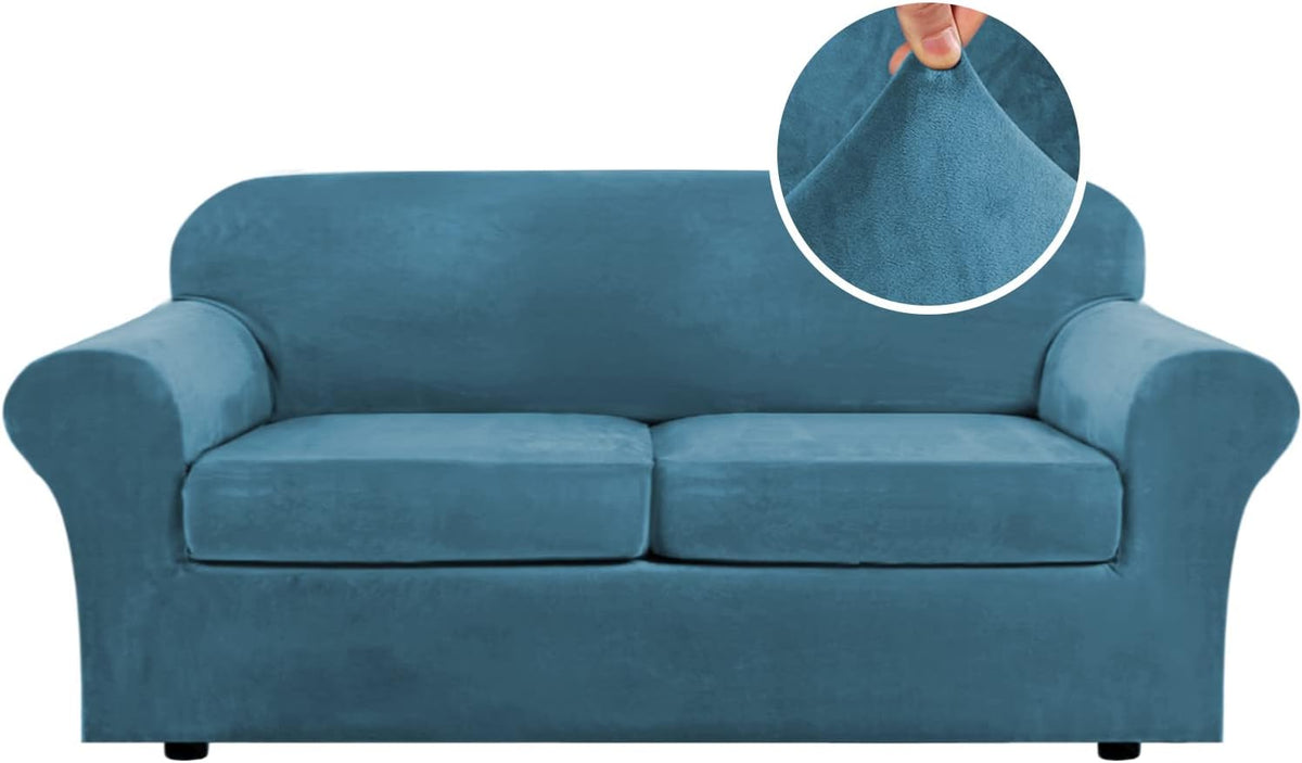 Front-facing teal-blue three-seat sofa with a circular inset showing a finger pinching the plush fabric