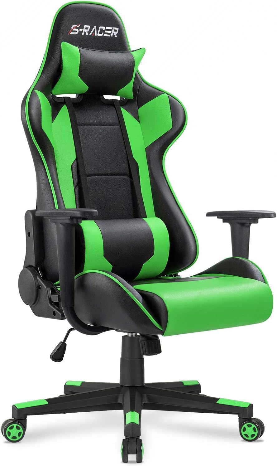 Black and bright green racing-style office chair with adjustable armrests and accent wheels