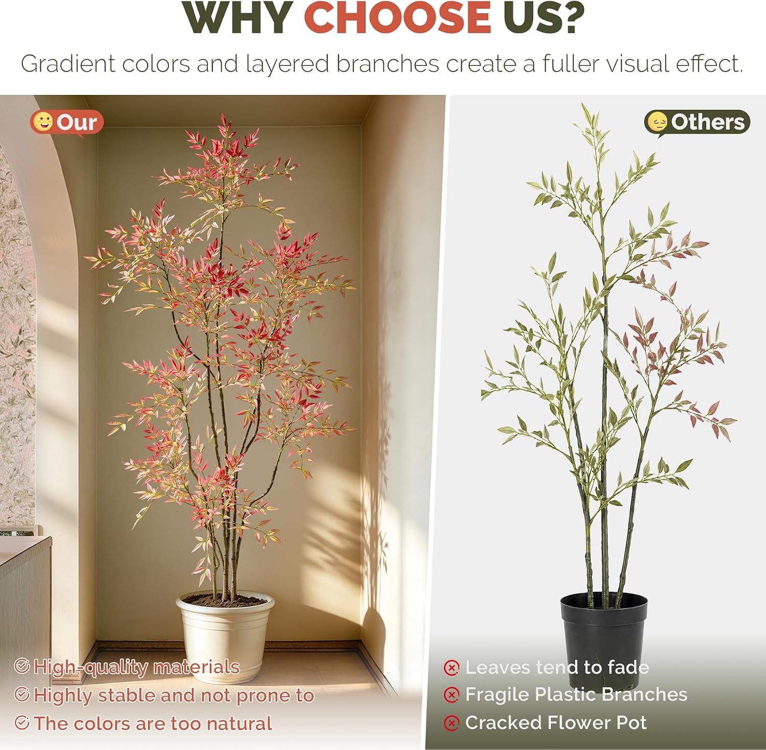Split image: left shows a red-green faux nandina in a white planter in a sunlit corner; right shows a plain product shot in
