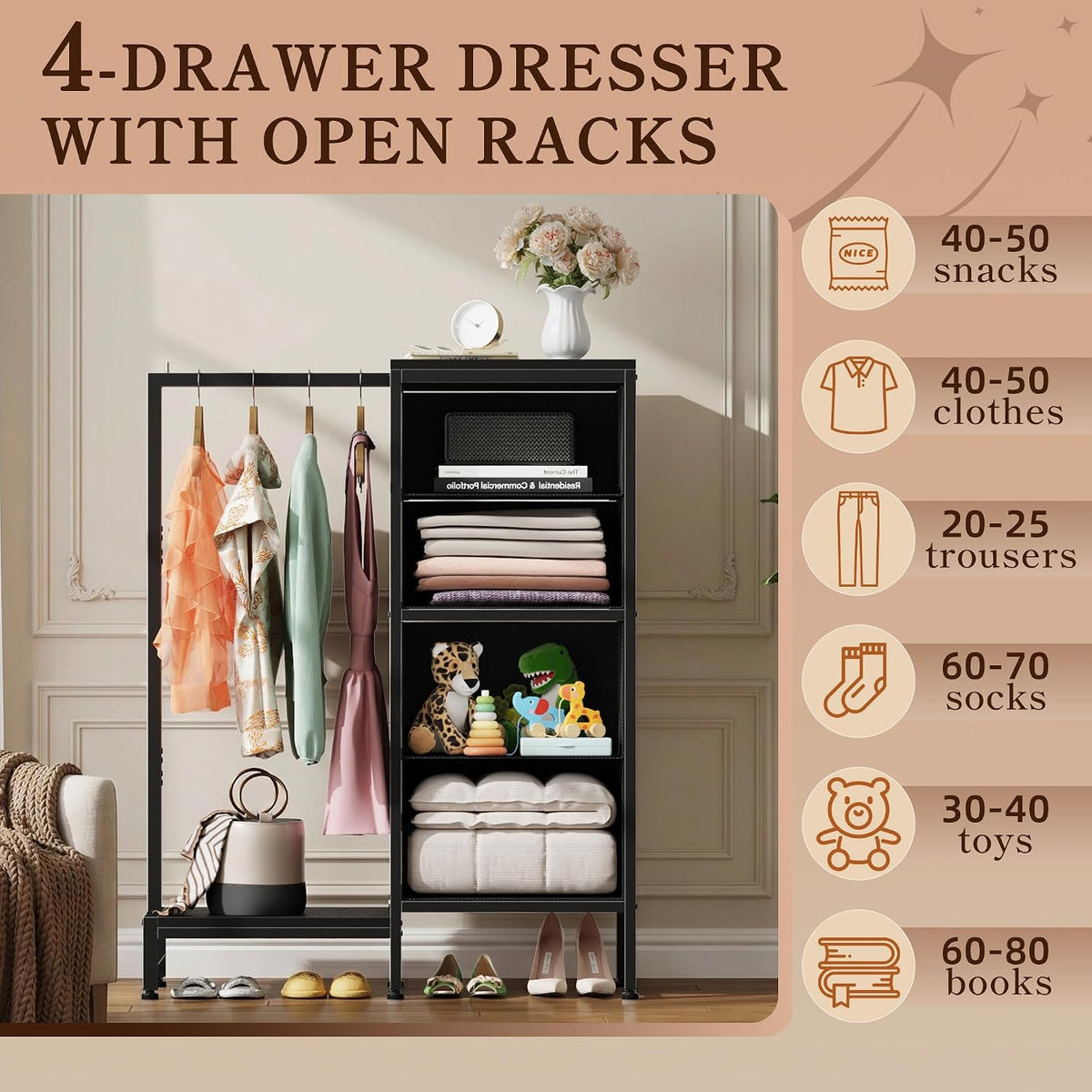 Black four-drawer dresser with hanging clothes, open shelves and storage examples
