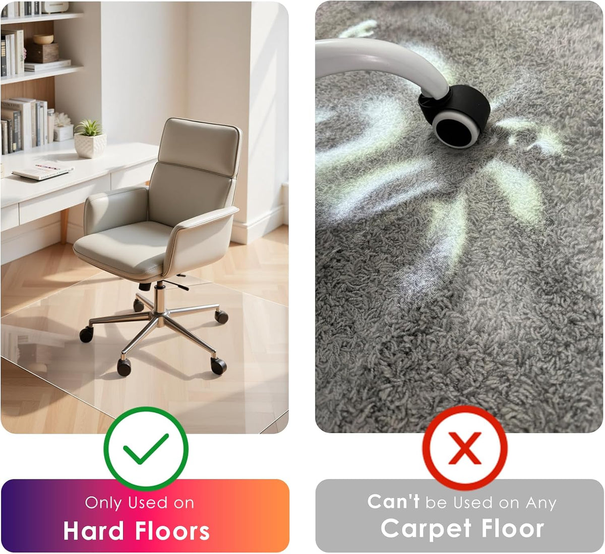 Split composition showing a chair on a clear mat over wood flooring at left and a caster on carpet at right