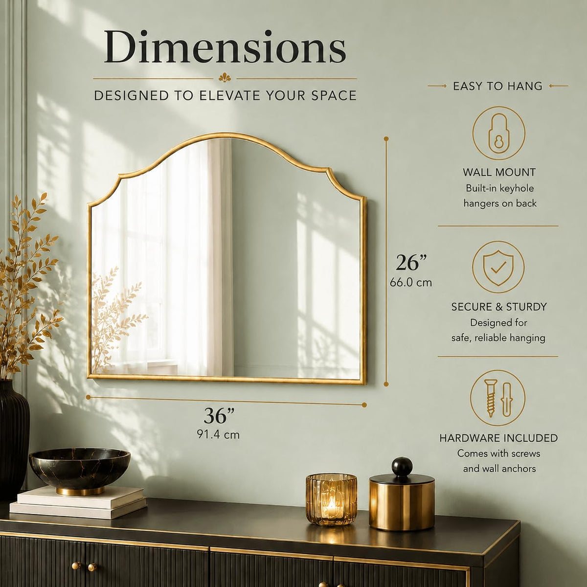 Dimensions graphic showing 36" x 26" measurements, wall-mount icons, and a gold scalloped frame illustration