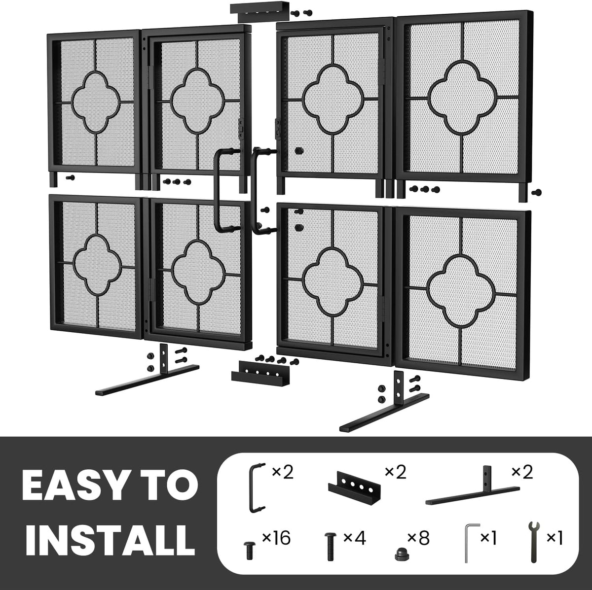 Arranged exploded view of the screen panels, legs, handles and screws laid out to show included hardware for assembly.