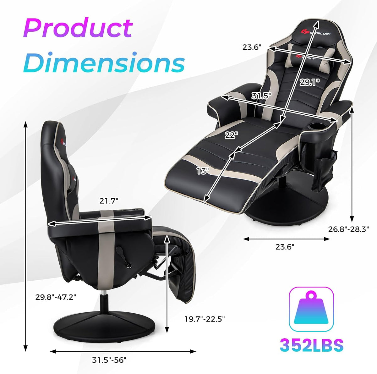 Black and grey gaming chair shown flat with measurement overlays indicating product dimensions and seat sizes