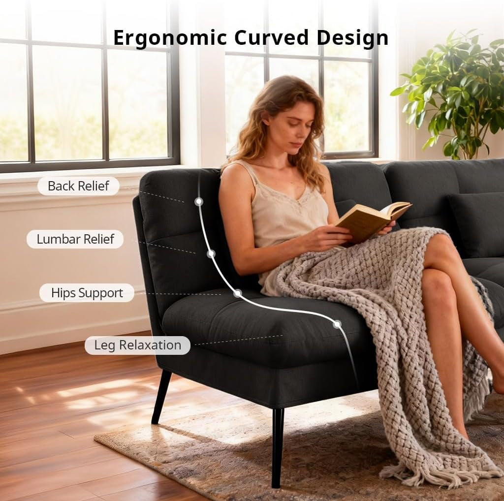 Close-up three-quarter view of the futon bed in a sunlit room with a knitted throw