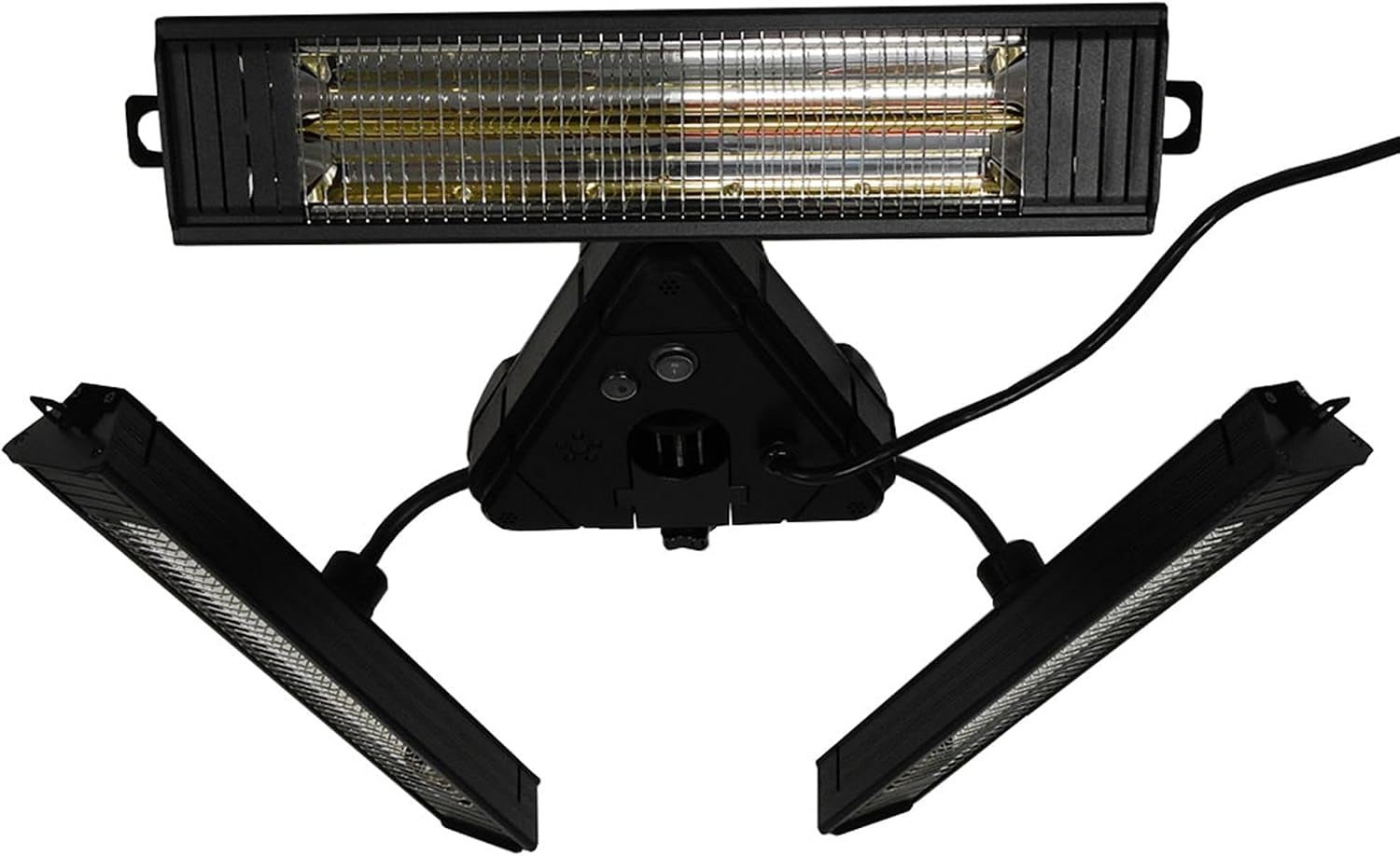 Black three-arm parasol heater underside view showing three heated bars and central mounting hub