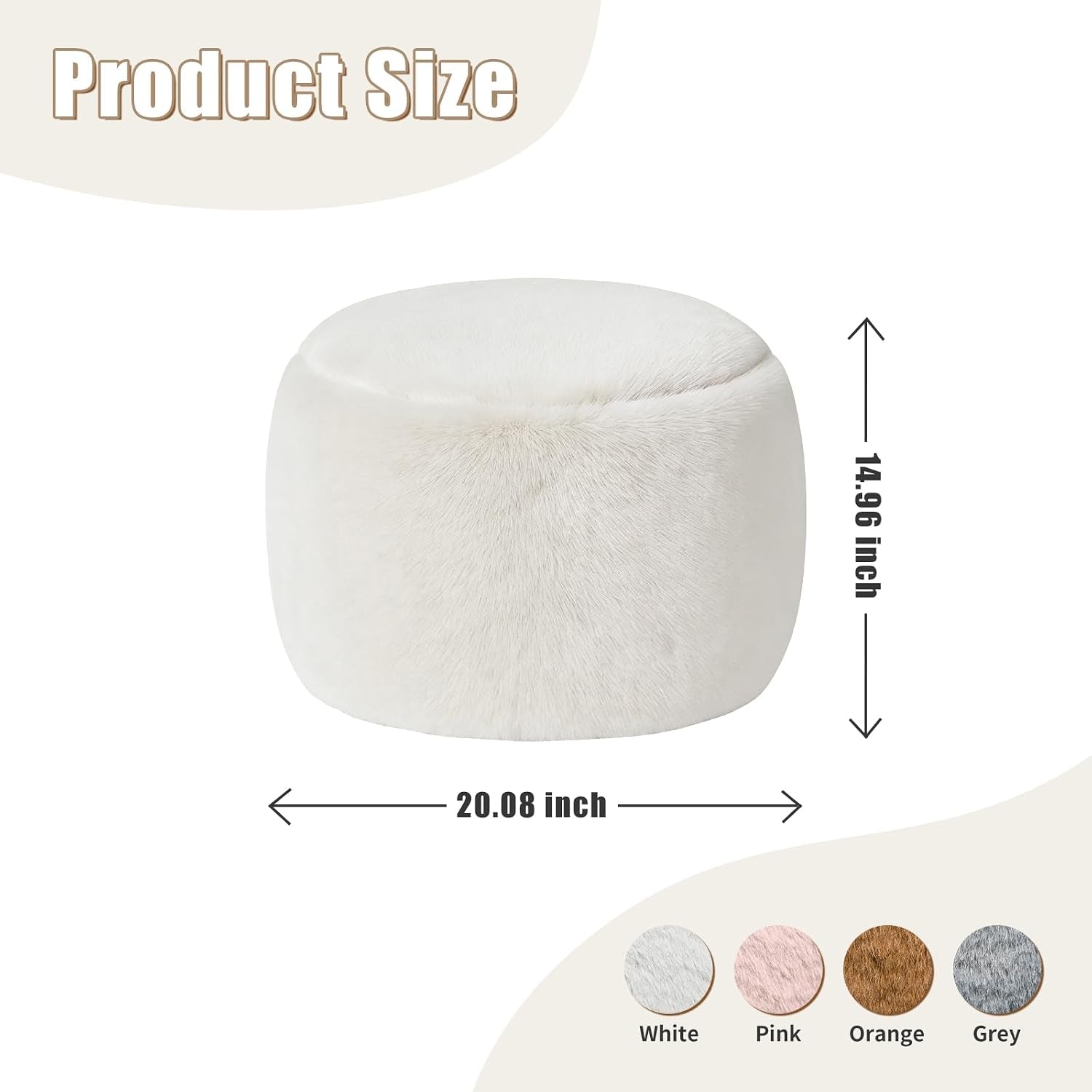 Front view of white pouf with dimension arrows showing 20.08" x 14.96" and color swatches