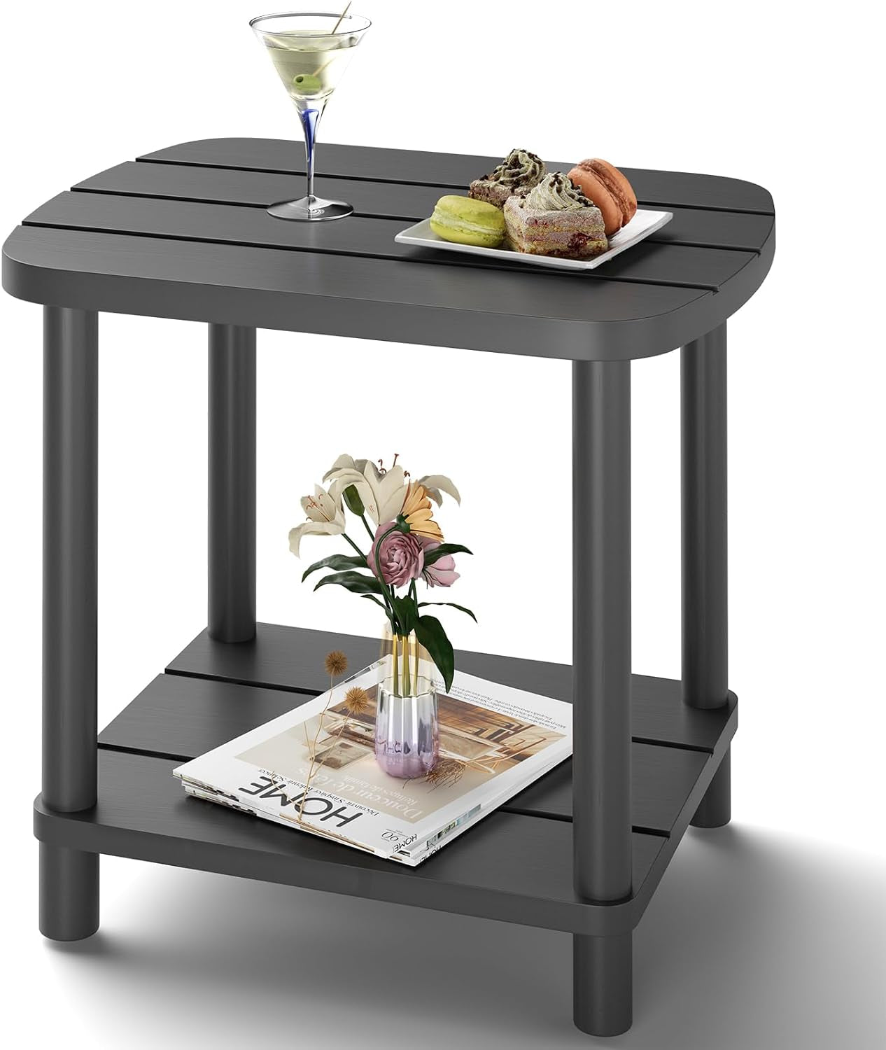 Small black two-tier slatted side table with vase, magazine and dessert on top