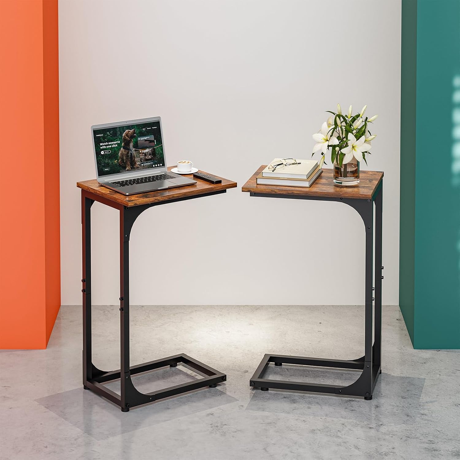 Two C-shaped side tables with wood tops and black frames displayed side by side with laptop and vase props.