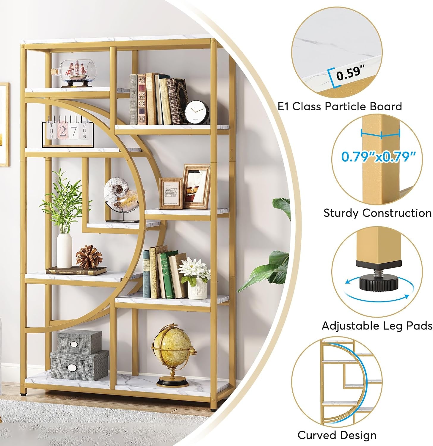 Close-up of gold frame, white marble-look shelf edge, adjustable foot pad and curved shelf detail