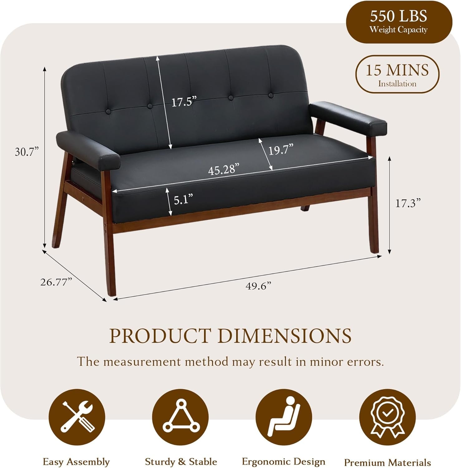 Black loveseat product diagram showing dimensions and seat measurements on a beige background