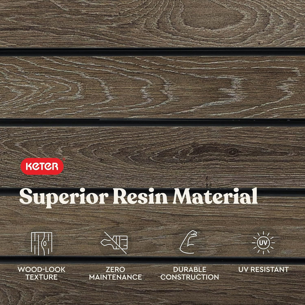 Tight crop showing the wood‑grain texture of the product's resin panels.