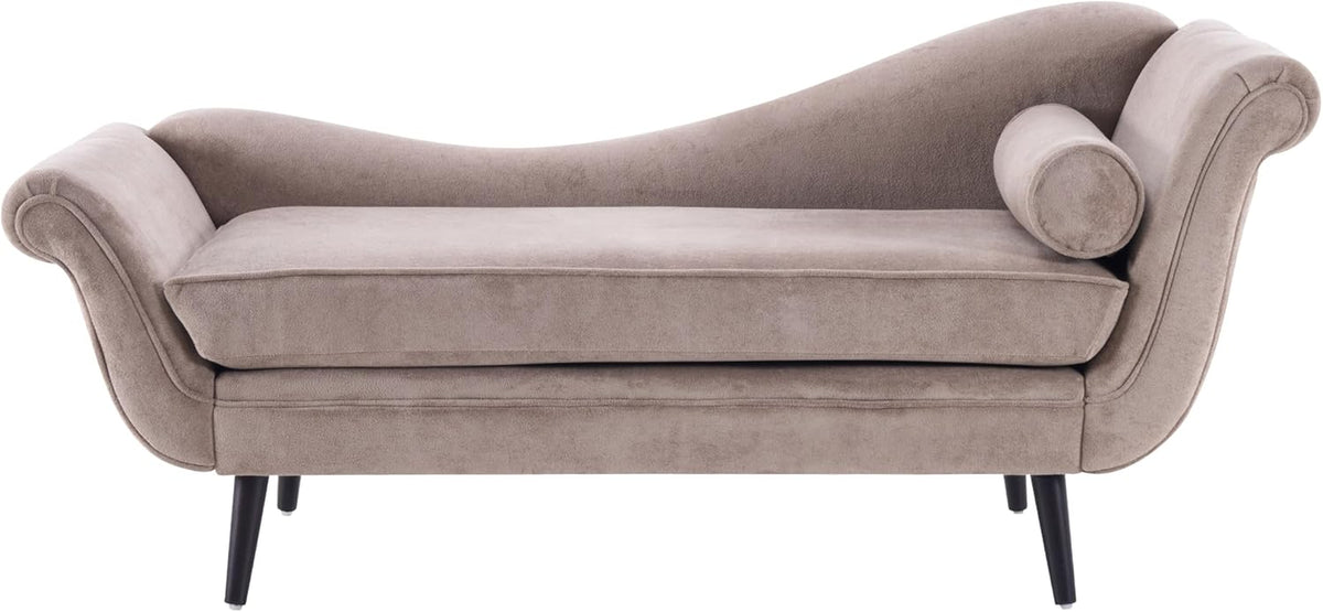 Side profile of light-brown chaise showing scrolled armrests, tapered dark legs and single seat cushion
