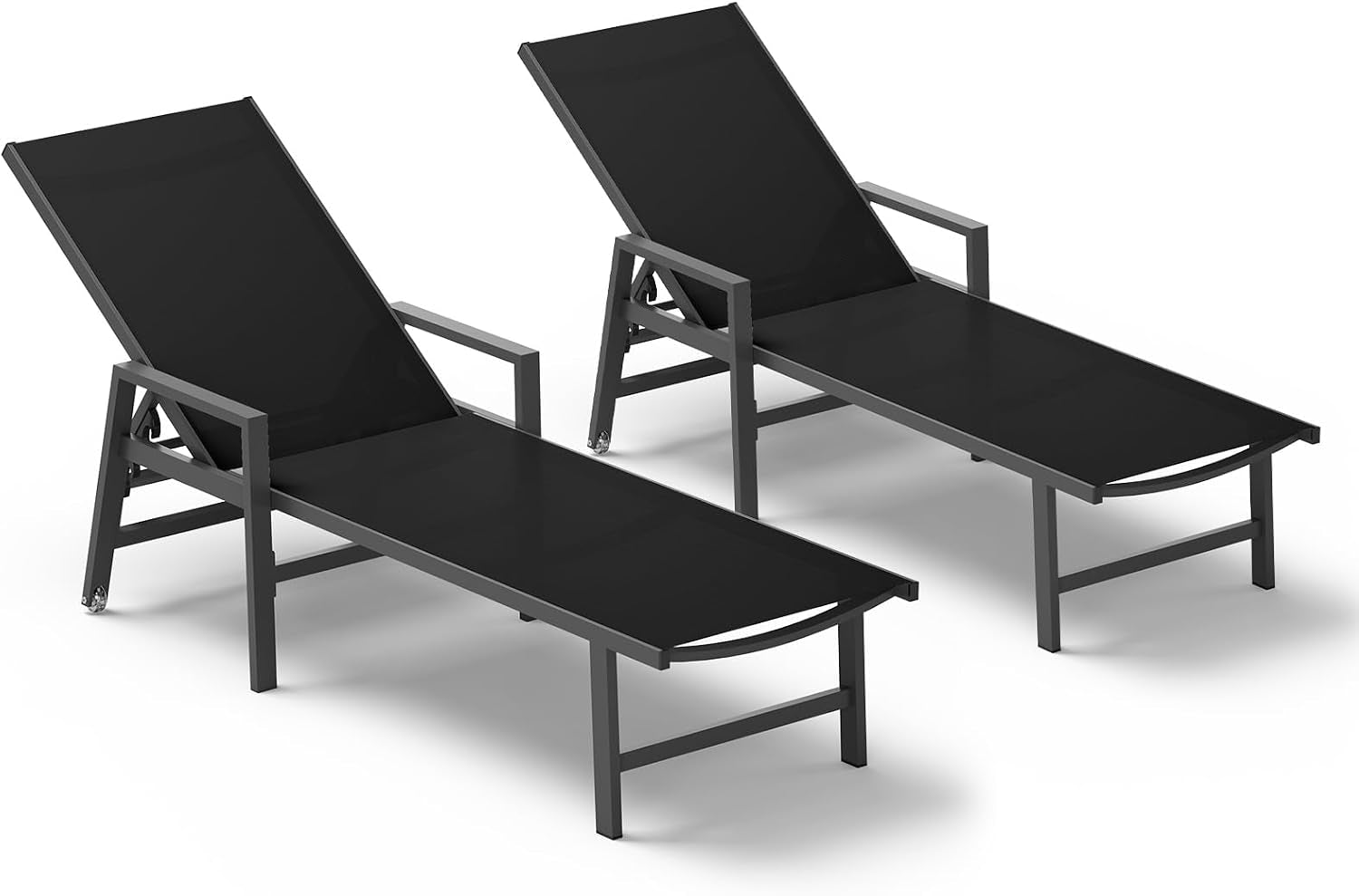 Two black chaise lounges shown side-by-side with raised backs and visible rear glide wheels.