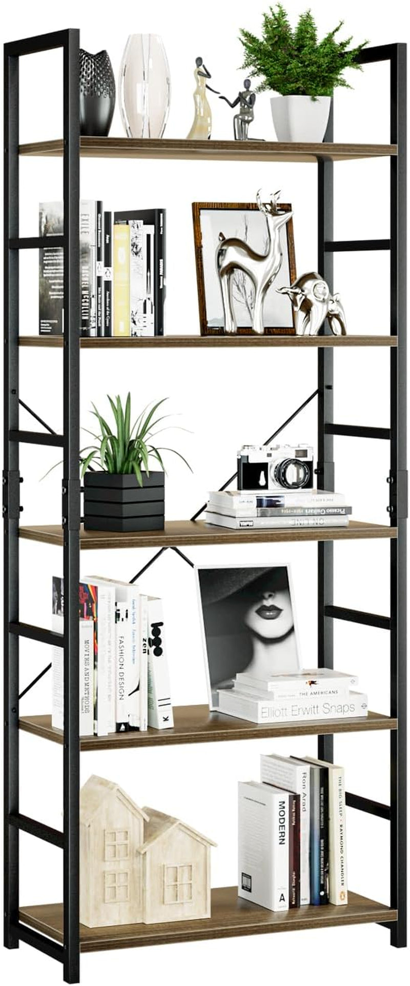 Tall five-shelf open bookcase with black metal frame and wood-tone shelves staged with books, plants and decorative items