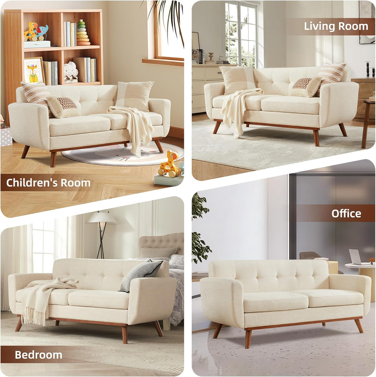 Four photos showing the beige loveseat styled in a children's room, living room, bedroom and office.