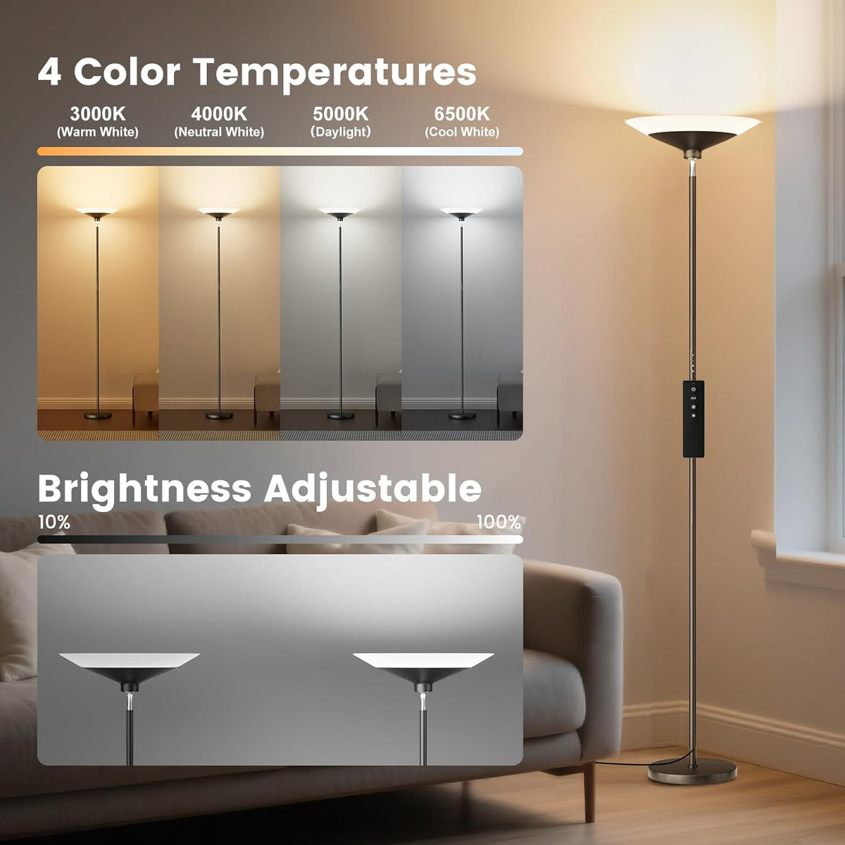 Lighting comparison graphic showing four color temperatures and a brightness slider beside a lit torchiere lamp