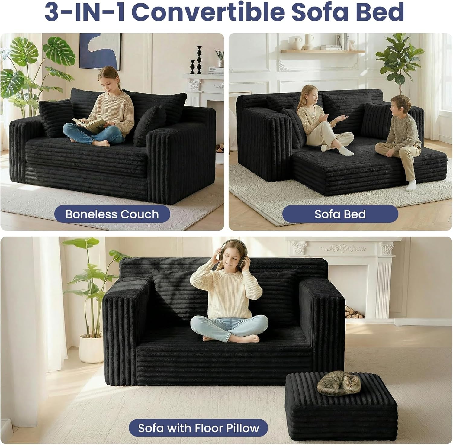 3-In-1 Convertible Sofa Bed: Boneless Loveseat Sleeper & Folding Couch Bed with 4 Pillows & Detachable Cushion,Furry Futon Couch for Bedroom,Apartment,Office and Living Room, No Assembly,Black