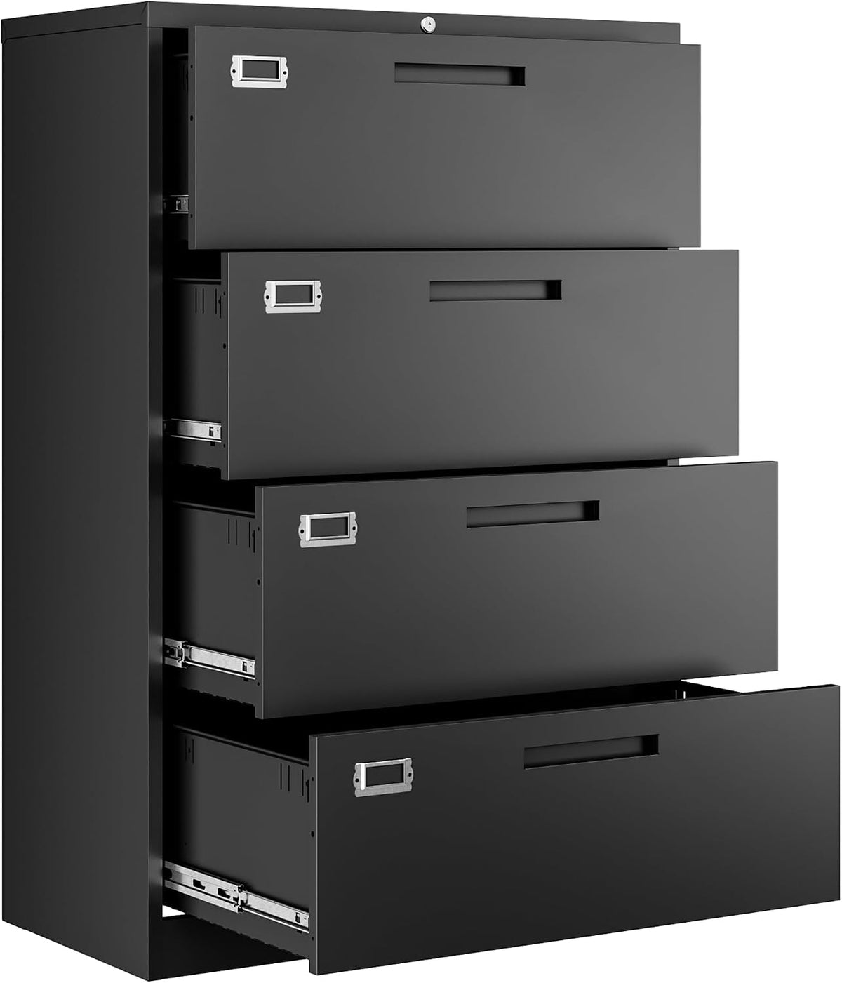 Black four-drawer lateral file cabinet shown at an angle with all drawers partially extended.