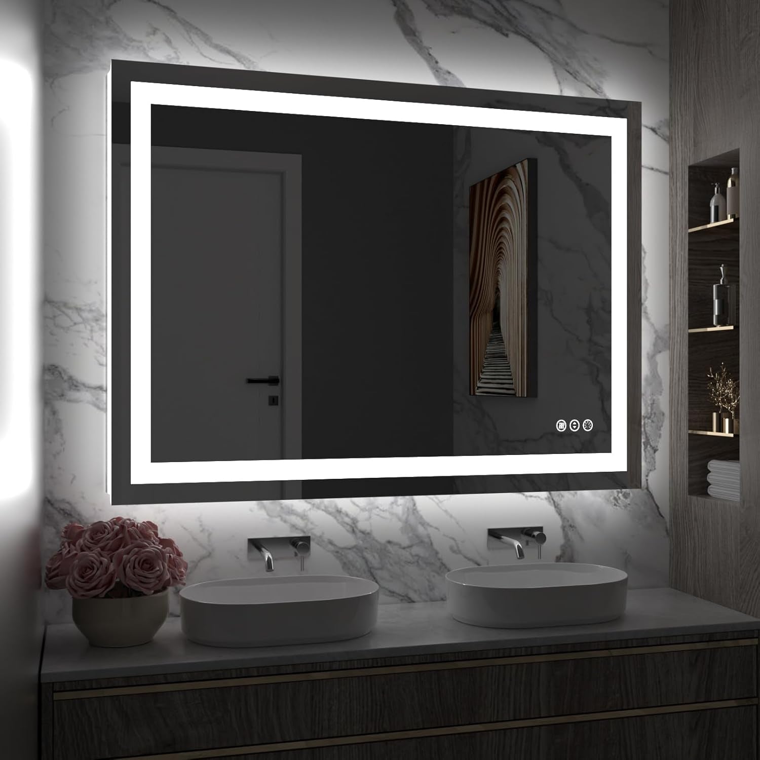 Large horizontal LED mirror seen at an angle, glowing inner light strip and backlit wall above dual sinks