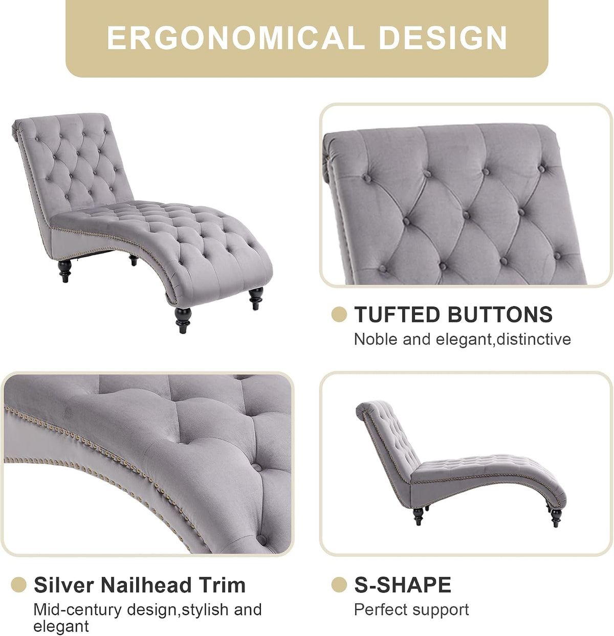 Grey chaise lounge collage showing tufted buttons, nailhead trim and curved profile