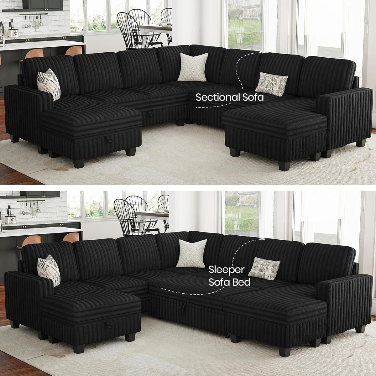 Large L-shaped black sectional sofa in a living room, front angled view with decorative throw pillows