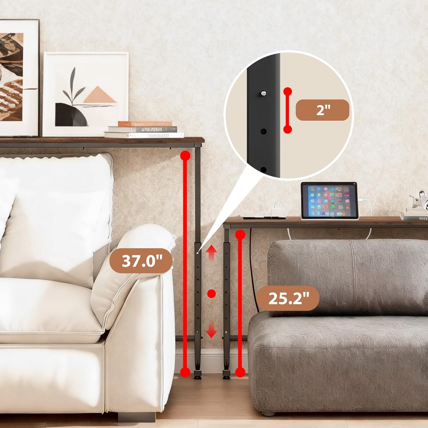 Height comparison shows two brown console tables at 37.0 and 25.2 inches with 2-inch hole spacing.