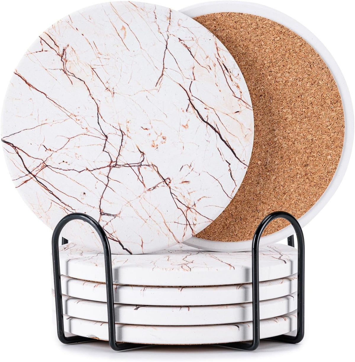 Close stacked view of round white marble-pattern coasters with cork backs in a black metal holder.