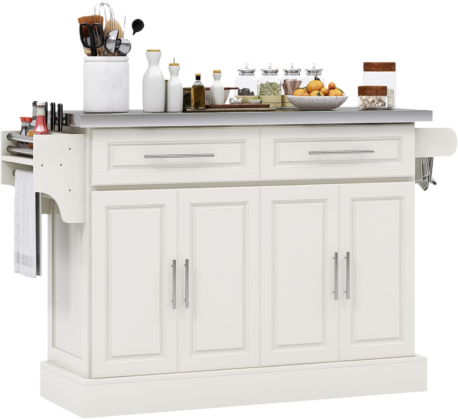 White kitchen island with stainless top styled with jars and utensils, visible towel bar and knife rack