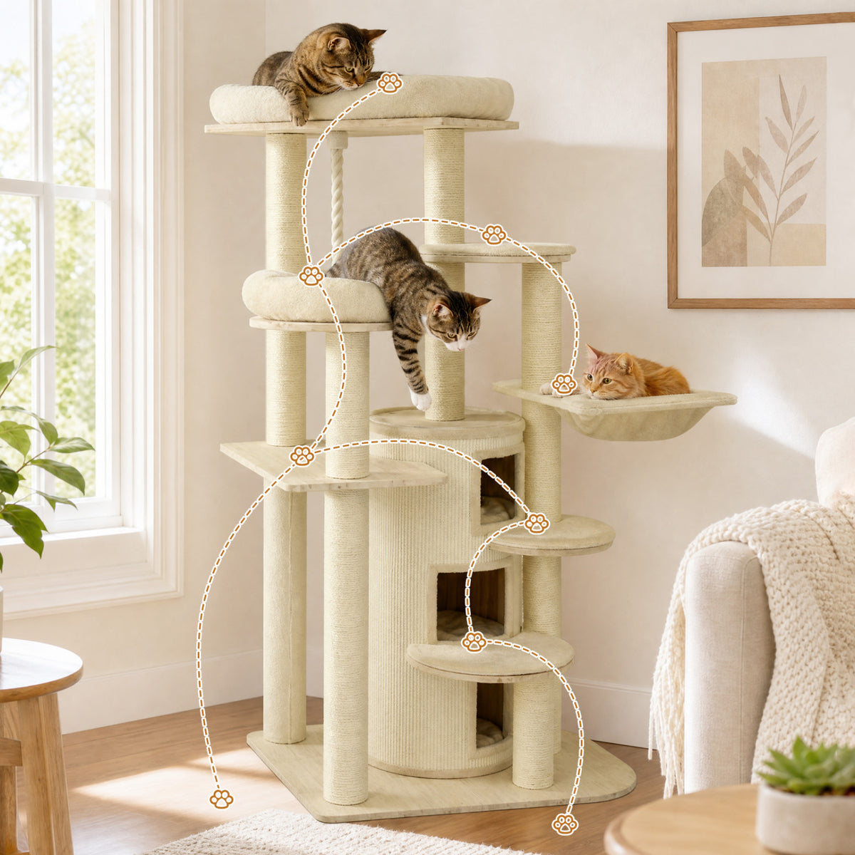 Three cats occupy the beige cat tree’s platforms as a dotted path traces around its levels.