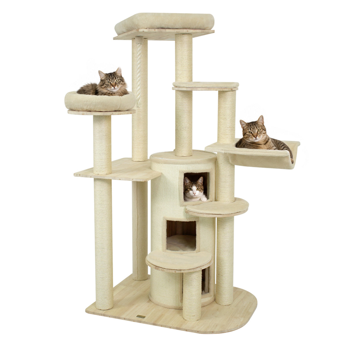 Front view of a beige cat tree with two enclosed cubbies and cats lounging on its platforms.