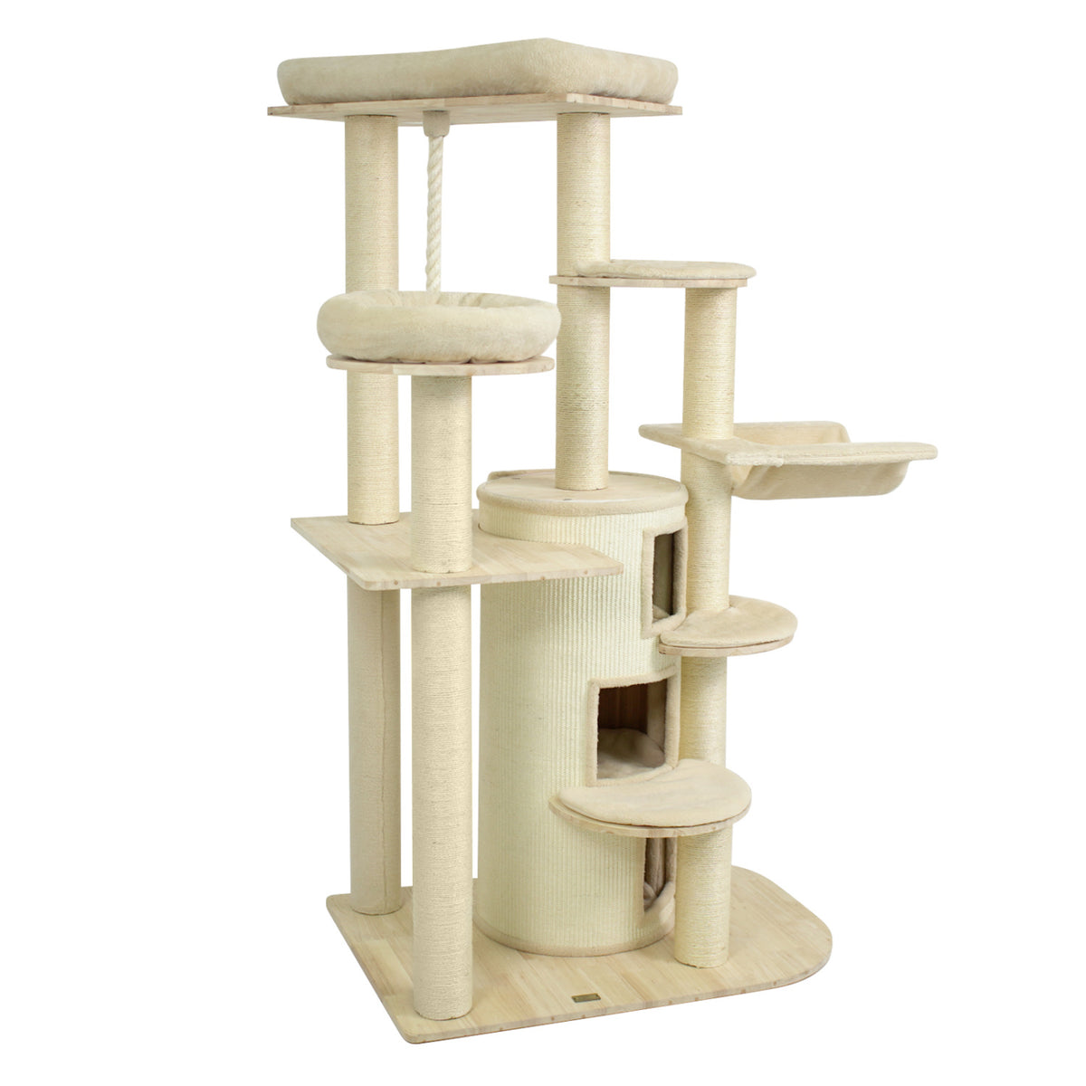 Angled view of the beige cat tree showing its platforms, scratching posts, hammock, and enclosed cubbies.