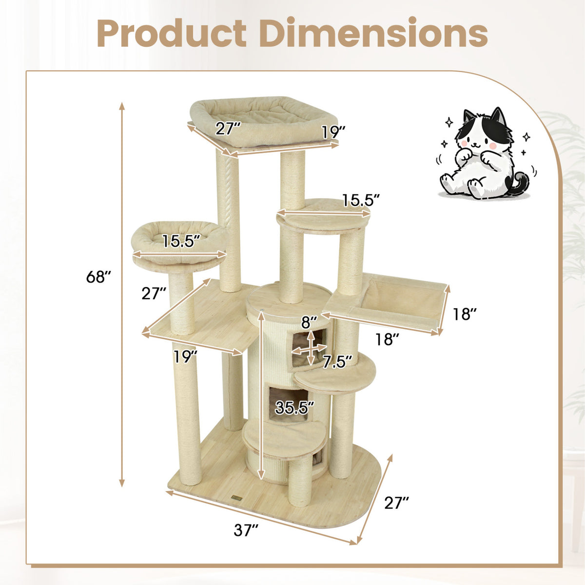 Illustrated cat tree with labeled measurements for its platforms, posts, condo, and base.