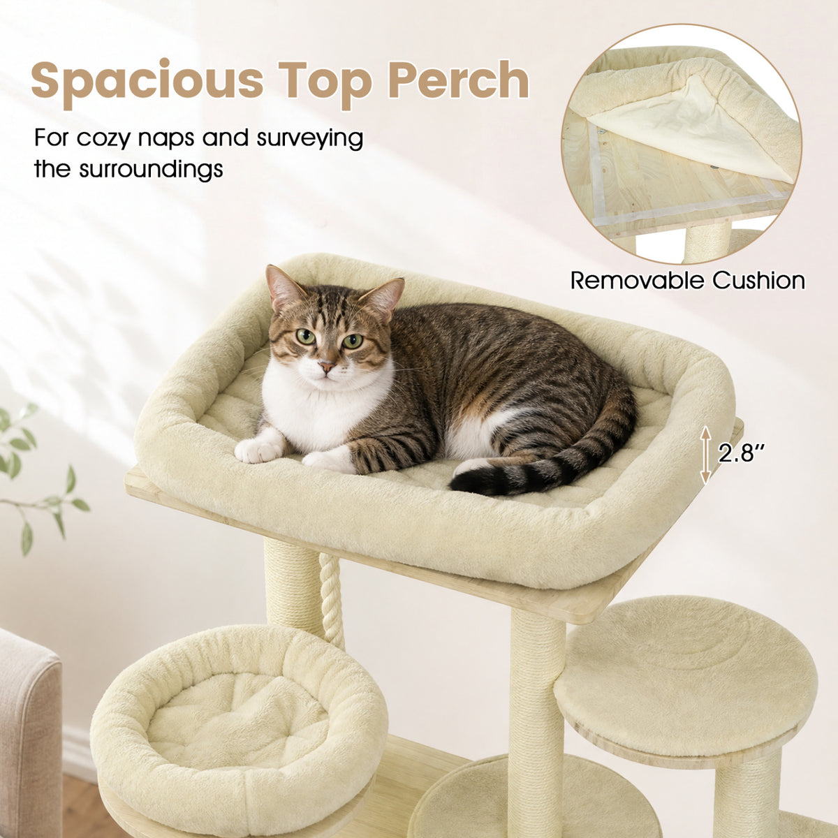 A tabby cat rests on the padded top perch of a cream cat tree, with a removable cushion inset.