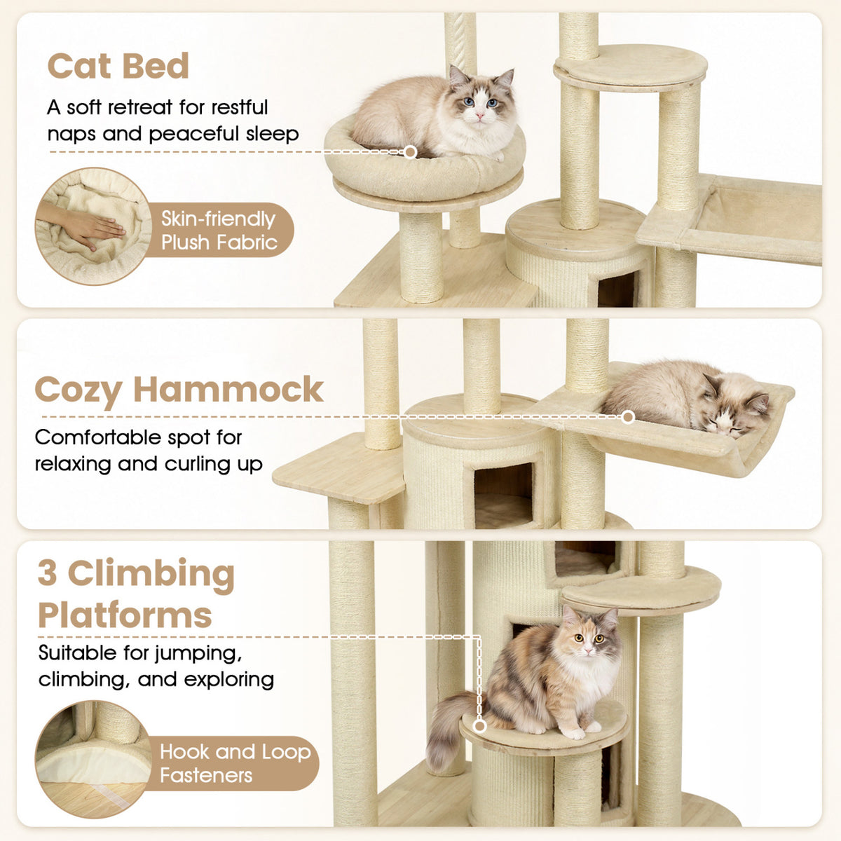 Three cats pose on a cat tree’s round bed, hammock, and climbing platforms in three stacked panels.