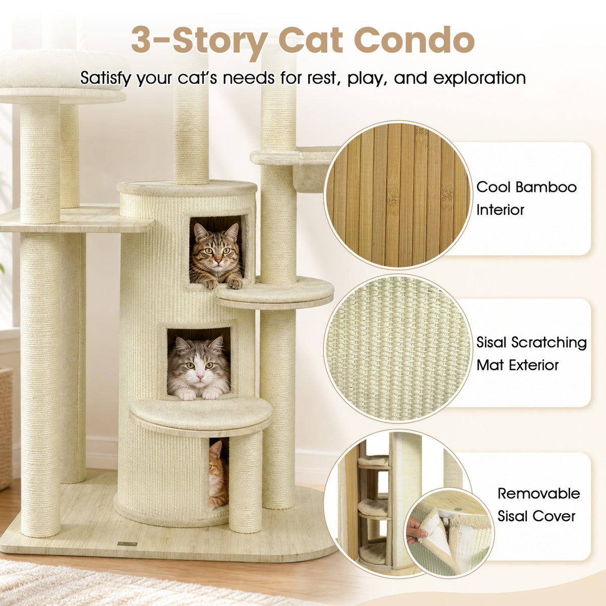 Three cats peek from the cat tree’s condo openings beside close-ups of its interior and scratching surfaces.